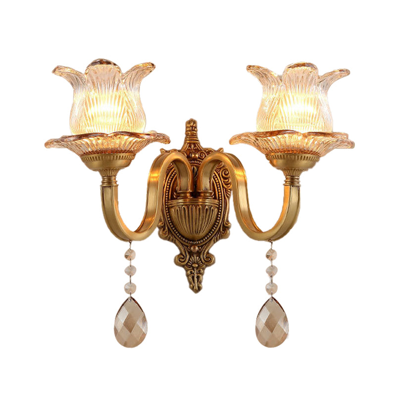 Brass Floral Sconce Light Fixture Vintage Clear Prismatic Glass 1/2 Lights Living Room LED Wall Mounted Lamp Clearhalo 'Wall Lamps & Sconces' 'Wall Lights' Lighting' 332045