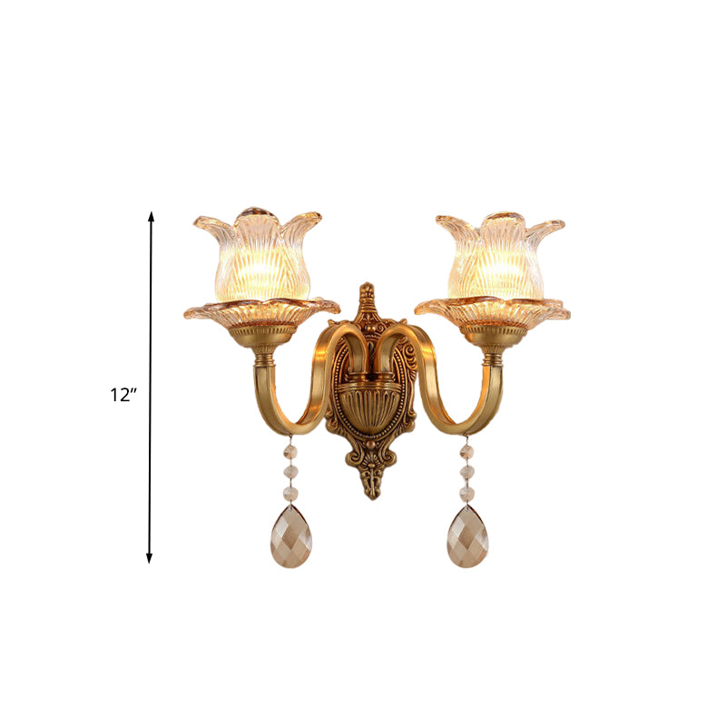 Brass Floral Sconce Light Fixture Vintage Clear Prismatic Glass 1/2 Lights Living Room LED Wall Mounted Lamp Clearhalo 'Wall Lamps & Sconces' 'Wall Lights' Lighting' 332046