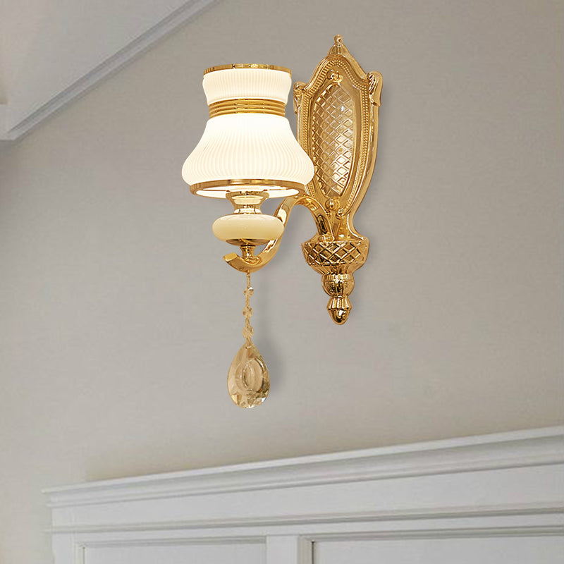 Opal Glass Bell Wall Light Retro 1/2 Bulbs Hallway LED Wall Sconce Lighting in Brass with Clear Crystal Drop Clearhalo 'Wall Lamps & Sconces' 'Wall Lights' Lighting' 332049