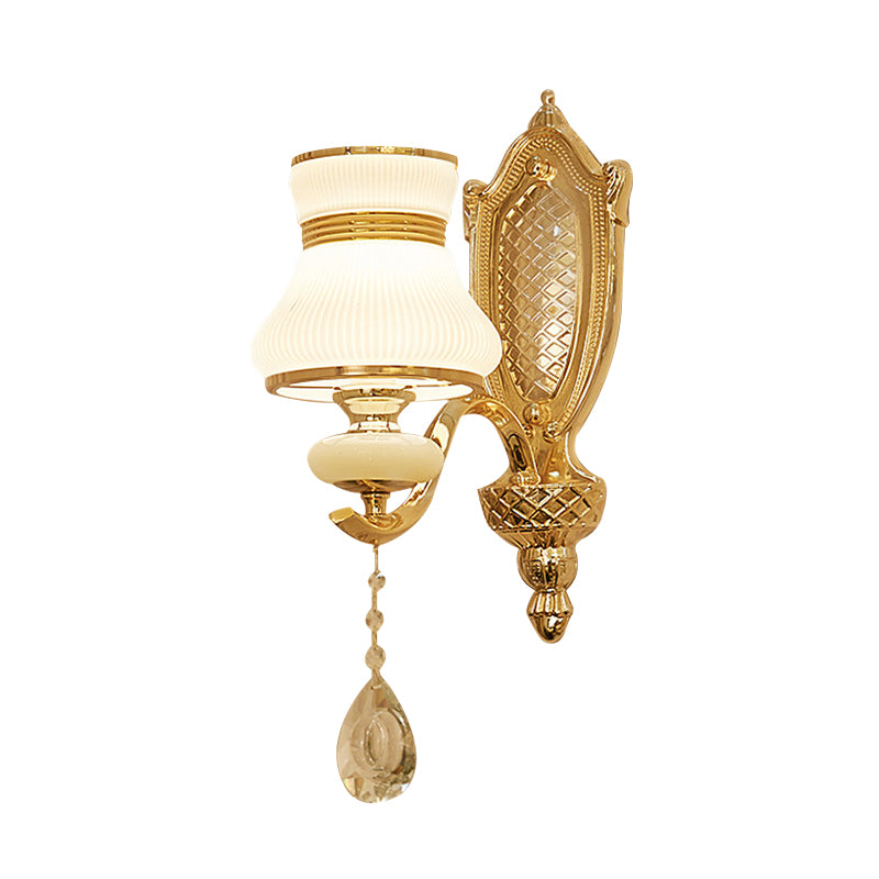 Opal Glass Bell Wall Light Retro 1/2 Bulbs Hallway LED Wall Sconce Lighting in Brass with Clear Crystal Drop Clearhalo 'Wall Lamps & Sconces' 'Wall Lights' Lighting' 332050