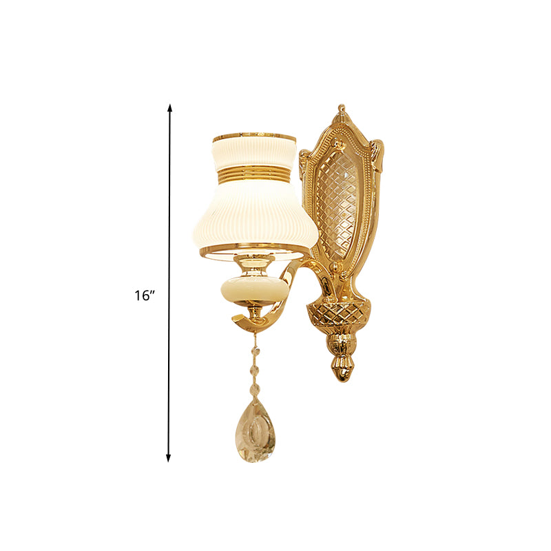 Opal Glass Bell Wall Light Retro 1/2 Bulbs Hallway LED Wall Sconce Lighting in Brass with Clear Crystal Drop Clearhalo 'Wall Lamps & Sconces' 'Wall Lights' Lighting' 332051