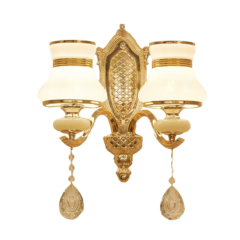 Opal Glass Bell Wall Light Retro 1/2 Bulbs Hallway LED Wall Sconce Lighting in Brass with Clear Crystal Drop Clearhalo 'Wall Lamps & Sconces' 'Wall Lights' Lighting' 332054