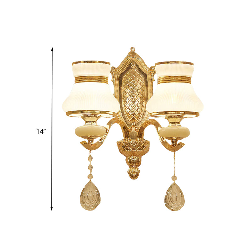 Opal Glass Bell Wall Light Retro 1/2 Bulbs Hallway LED Wall Sconce Lighting in Brass with Clear Crystal Drop Clearhalo 'Wall Lamps & Sconces' 'Wall Lights' Lighting' 332055