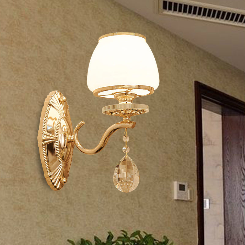 Traditional Dome Wall Light Fixture 1/2 Heads White Glass Wall Sconce Lighting in Brass with Dangling Crystal Clearhalo 'Wall Lamps & Sconces' 'Wall Lights' Lighting' 332058