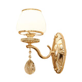 Traditional Dome Wall Light Fixture 1/2 Heads White Glass Wall Sconce Lighting in Brass with Dangling Crystal Clearhalo 'Wall Lamps & Sconces' 'Wall Lights' Lighting' 332059