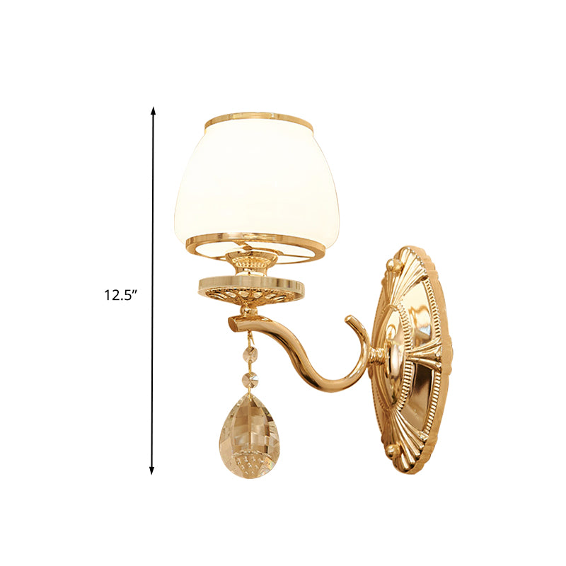 Traditional Dome Wall Light Fixture 1/2 Heads White Glass Wall Sconce Lighting in Brass with Dangling Crystal Clearhalo 'Wall Lamps & Sconces' 'Wall Lights' Lighting' 332060