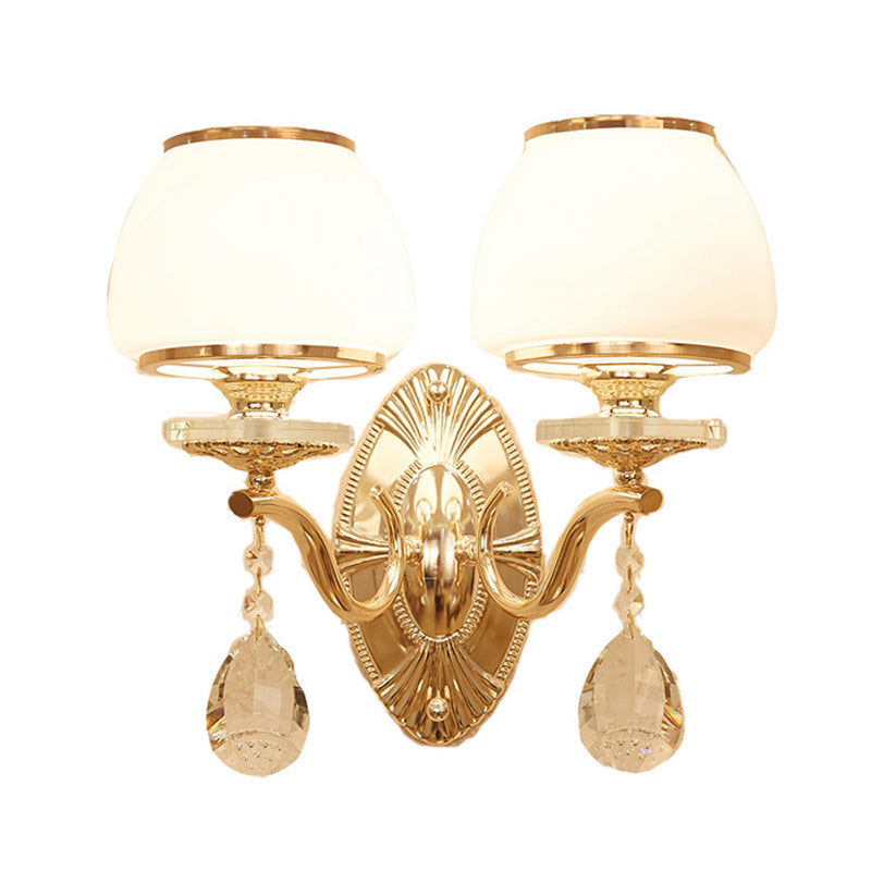 Traditional Dome Wall Light Fixture 1/2 Heads White Glass Wall Sconce Lighting in Brass with Dangling Crystal Clearhalo 'Wall Lamps & Sconces' 'Wall Lights' Lighting' 332063
