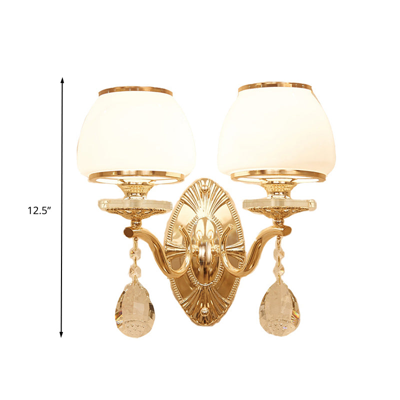 Traditional Dome Wall Light Fixture 1/2 Heads White Glass Wall Sconce Lighting in Brass with Dangling Crystal Clearhalo 'Wall Lamps & Sconces' 'Wall Lights' Lighting' 332064