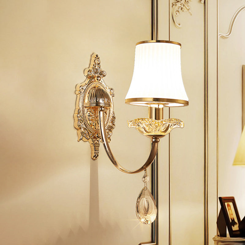 1/2-Light Flared Wall Light Sconce Traditionalism Brass Frosted White Glass Wall Lighting Fixture with Crystal Draping 1.0 Brass Clearhalo 'Wall Lamps & Sconces' 'Wall Lights' Lighting' 332082