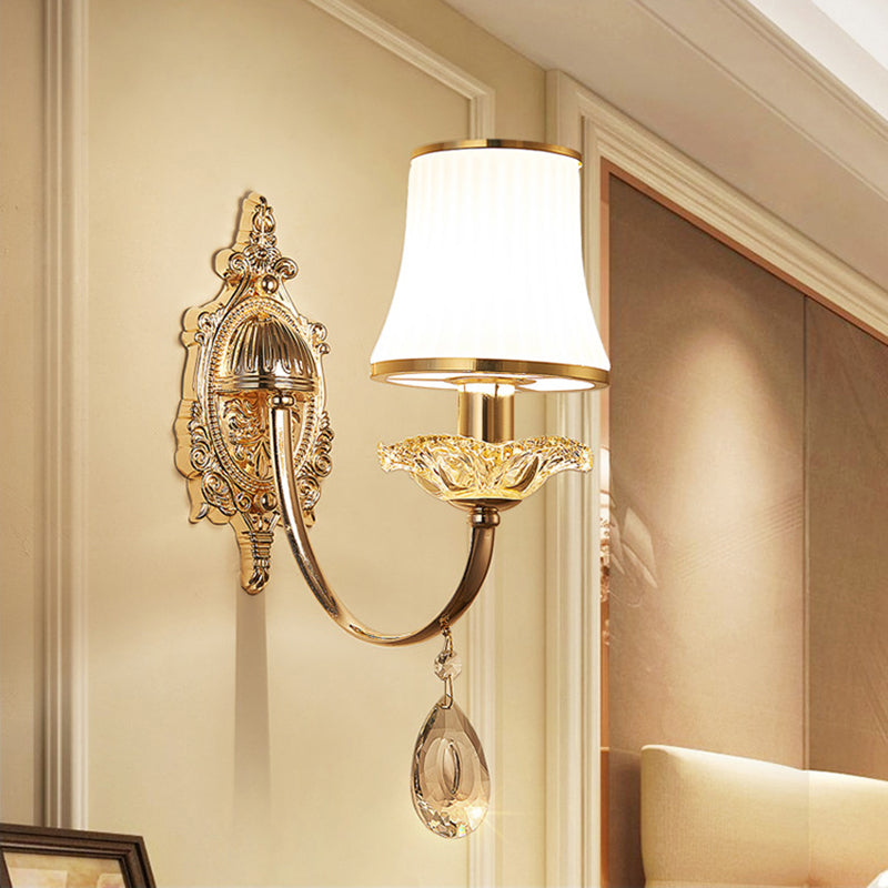 1/2-Light Flared Wall Light Sconce Traditionalism Brass Frosted White Glass Wall Lighting Fixture with Crystal Draping Clearhalo 'Wall Lamps & Sconces' 'Wall Lights' Lighting' 332083