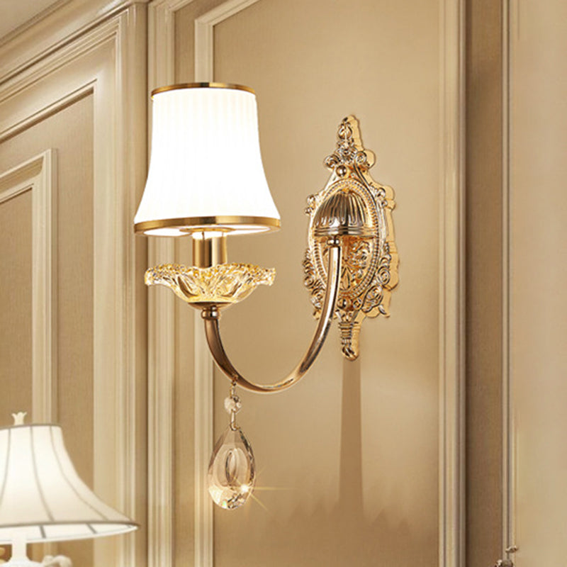 1/2-Light Flared Wall Light Sconce Traditionalism Brass Frosted White Glass Wall Lighting Fixture with Crystal Draping Clearhalo 'Wall Lamps & Sconces' 'Wall Lights' Lighting' 332084