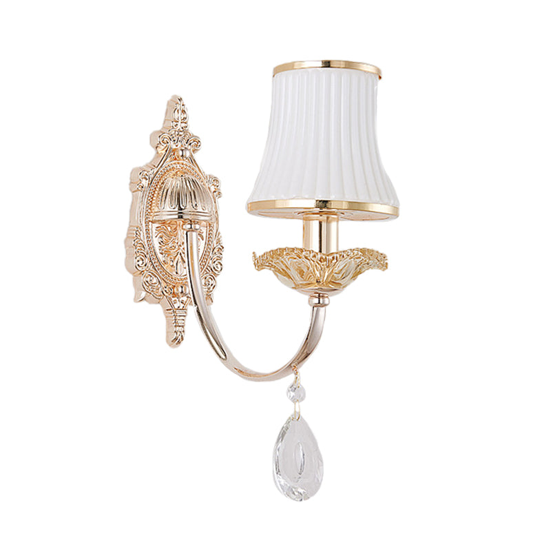 1/2-Light Flared Wall Light Sconce Traditionalism Brass Frosted White Glass Wall Lighting Fixture with Crystal Draping Clearhalo 'Wall Lamps & Sconces' 'Wall Lights' Lighting' 332085