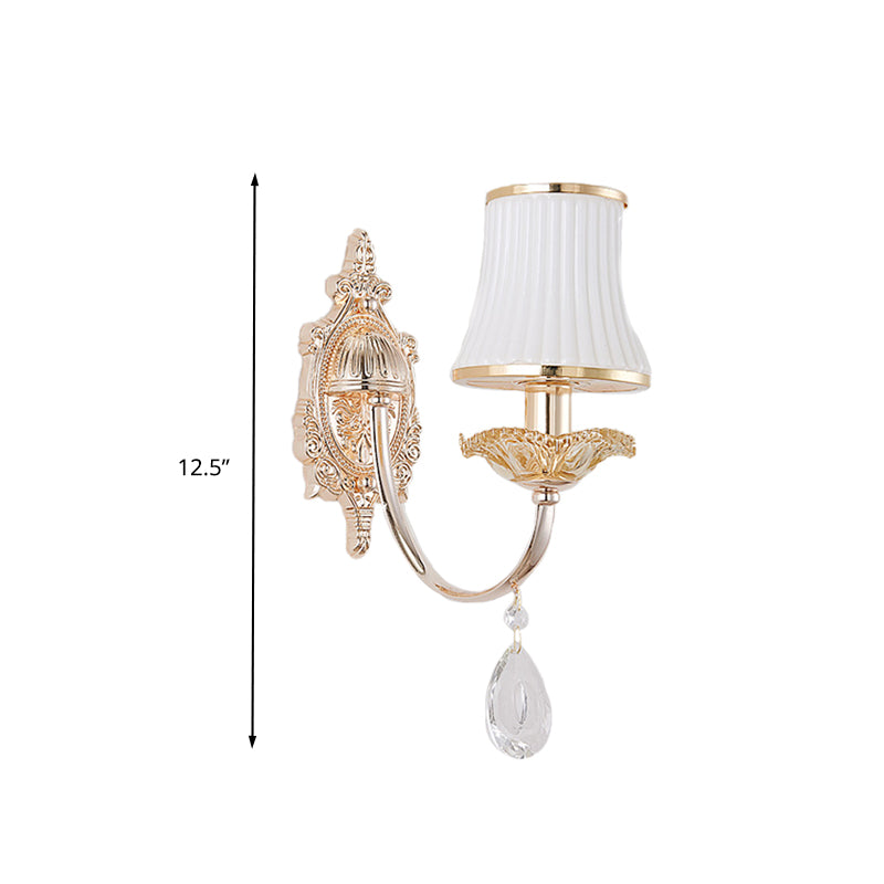 1/2-Light Flared Wall Light Sconce Traditionalism Brass Frosted White Glass Wall Lighting Fixture with Crystal Draping Clearhalo 'Wall Lamps & Sconces' 'Wall Lights' Lighting' 332086