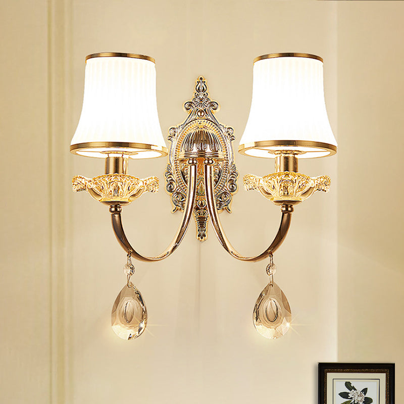 1/2-Light Flared Wall Light Sconce Traditionalism Brass Frosted White Glass Wall Lighting Fixture with Crystal Draping 2.0 Brass Clearhalo 'Wall Lamps & Sconces' 'Wall Lights' Lighting' 332088