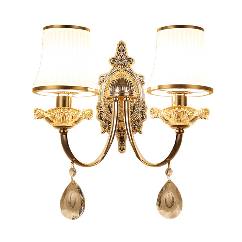 1/2-Light Flared Wall Light Sconce Traditionalism Brass Frosted White Glass Wall Lighting Fixture with Crystal Draping Clearhalo 'Wall Lamps & Sconces' 'Wall Lights' Lighting' 332089