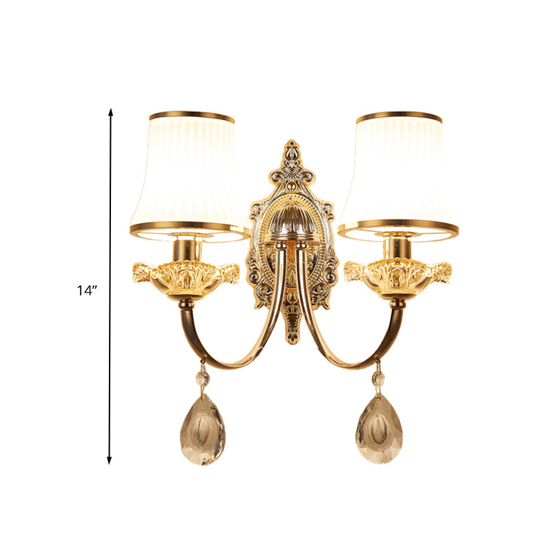 1/2-Light Flared Wall Light Sconce Traditionalism Brass Frosted White Glass Wall Lighting Fixture with Crystal Draping Clearhalo 'Wall Lamps & Sconces' 'Wall Lights' Lighting' 332090