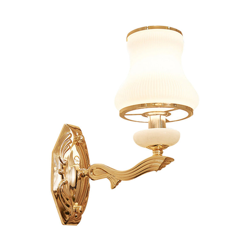 Bell Bedroom Wall Light Sconce Traditional Opal Frosted Glass 1/2 Bulbs Brass Wall Lamp with Clear Crystal Drop Clearhalo 'Wall Lamps & Sconces' 'Wall Lights' Lighting' 332094