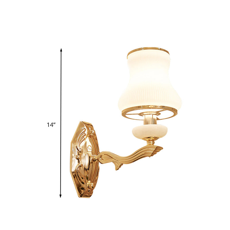 Bell Bedroom Wall Light Sconce Traditional Opal Frosted Glass 1/2 Bulbs Brass Wall Lamp with Clear Crystal Drop Clearhalo 'Wall Lamps & Sconces' 'Wall Lights' Lighting' 332095