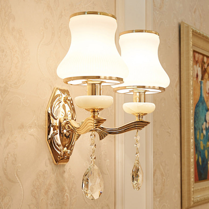 Bell Bedroom Wall Light Sconce Traditional Opal Frosted Glass 1/2 Bulbs Brass Wall Lamp with Clear Crystal Drop 2.0 Brass Clearhalo 'Wall Lamps & Sconces' 'Wall Lights' Lighting' 332096