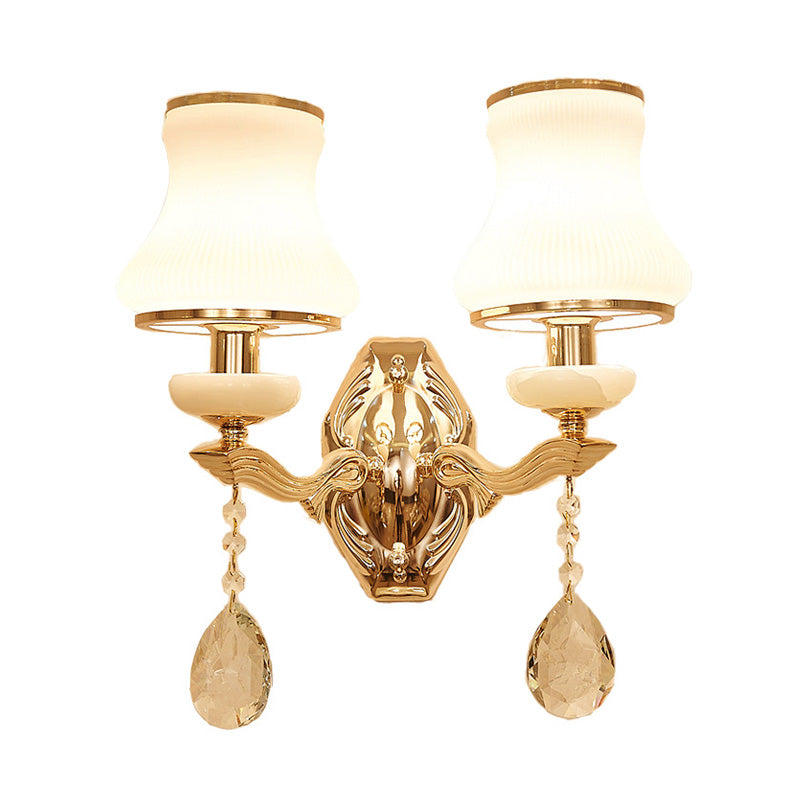 Bell Bedroom Wall Light Sconce Traditional Opal Frosted Glass 1/2 Bulbs Brass Wall Lamp with Clear Crystal Drop Clearhalo 'Wall Lamps & Sconces' 'Wall Lights' Lighting' 332098