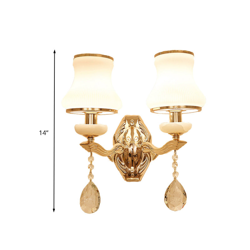 Bell Bedroom Wall Light Sconce Traditional Opal Frosted Glass 1/2 Bulbs Brass Wall Lamp with Clear Crystal Drop Clearhalo 'Wall Lamps & Sconces' 'Wall Lights' Lighting' 332099