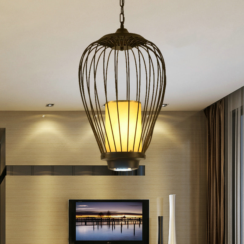 Caged Dining Room Ceiling Lighting Metal 14"/18" W 1 Head Modern Style Suspension Lamp with Cylinder Fabric Shade Black Clearhalo 'Ceiling Lights' 'Pendant Lights' 'Pendants' Lighting' 332109_d452b665-c8dd-4a8b-9f17-83284dcd79f9