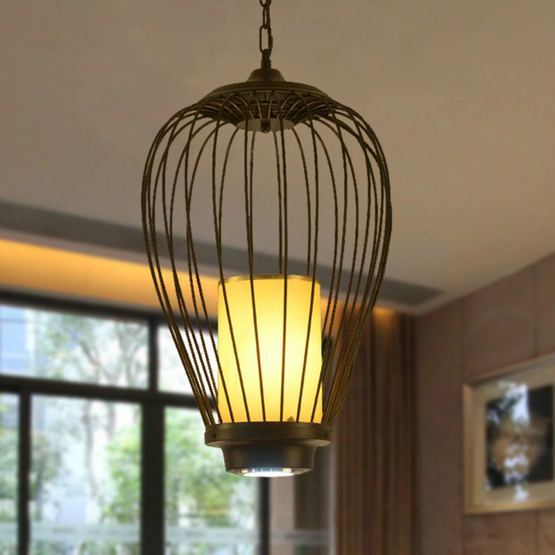 Caged Dining Room Ceiling Lighting Metal 14"/18" W 1 Head Modern Style Suspension Lamp with Cylinder Fabric Shade Clearhalo 'Ceiling Lights' 'Pendant Lights' 'Pendants' Lighting' 332110