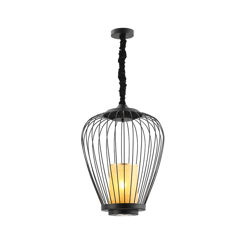 Caged Dining Room Ceiling Lighting Metal 14"/18" W 1 Head Modern Style Suspension Lamp with Cylinder Fabric Shade Clearhalo 'Ceiling Lights' 'Pendant Lights' 'Pendants' Lighting' 332112