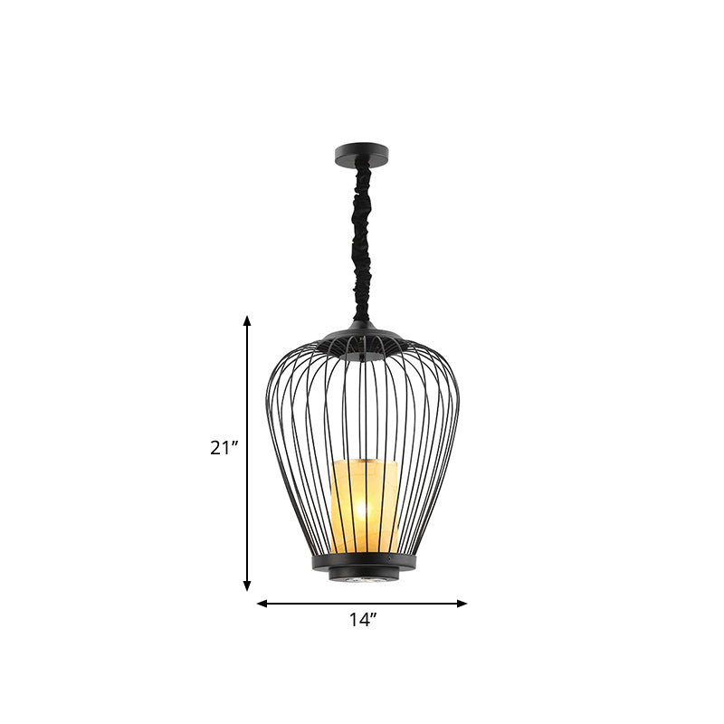 Caged Dining Room Ceiling Lighting Metal 14"/18" W 1 Head Modern Style Suspension Lamp with Cylinder Fabric Shade Clearhalo 'Ceiling Lights' 'Pendant Lights' 'Pendants' Lighting' 332113