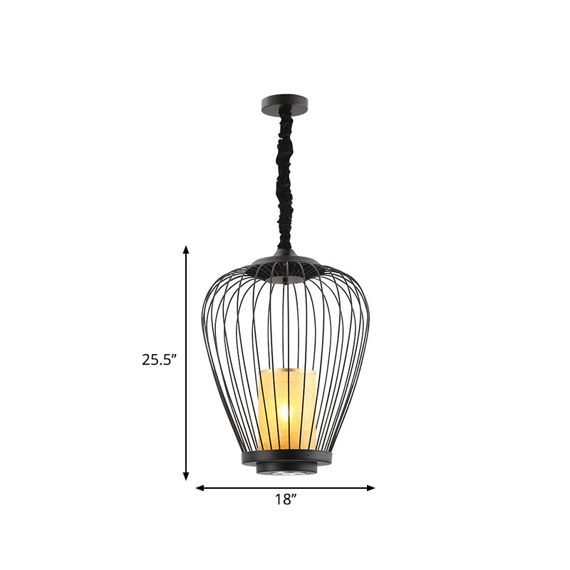 Caged Dining Room Ceiling Lighting Metal 14"/18" W 1 Head Modern Style Suspension Lamp with Cylinder Fabric Shade Clearhalo 'Ceiling Lights' 'Pendant Lights' 'Pendants' Lighting' 332114