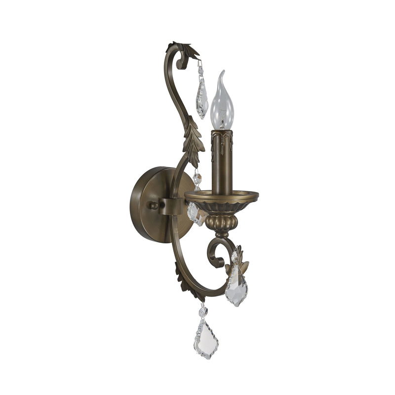 Rustic Candlestick Wall Lighting Fixture 1 Bulb Iron Wall Mounted Lamp in Bronze with Dangling Crystal Accent Clearhalo 'Wall Lamps & Sconces' 'Wall Lights' Lighting' 332140