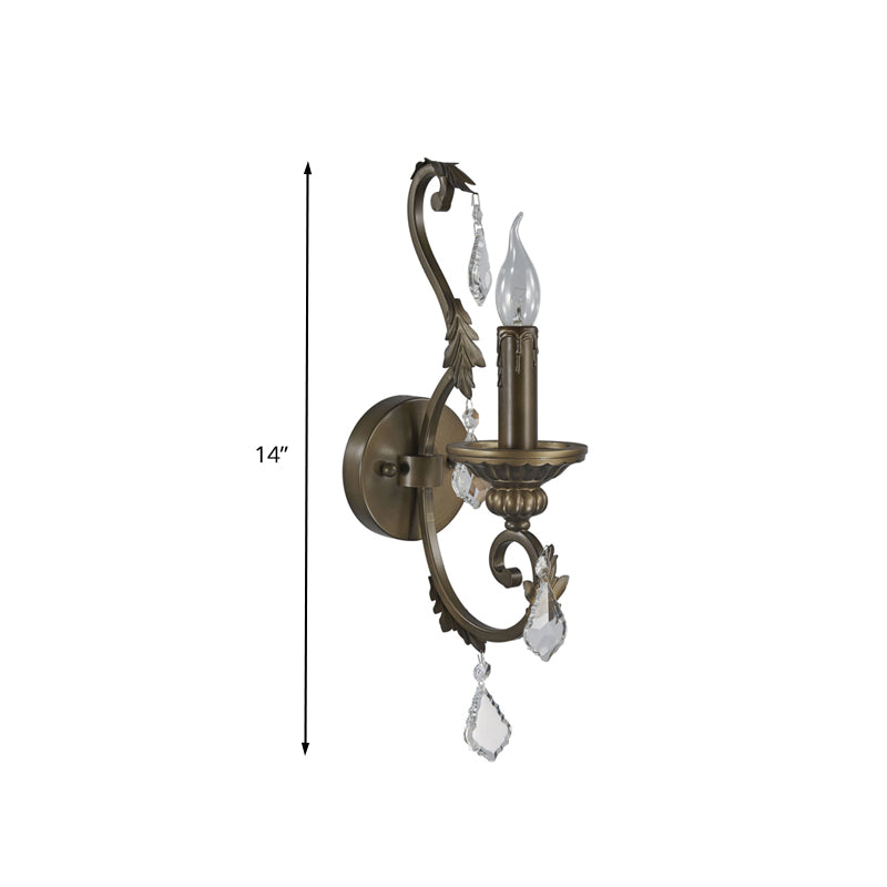 Rustic Candlestick Wall Lighting Fixture 1 Bulb Iron Wall Mounted Lamp in Bronze with Dangling Crystal Accent Clearhalo 'Wall Lamps & Sconces' 'Wall Lights' Lighting' 332141