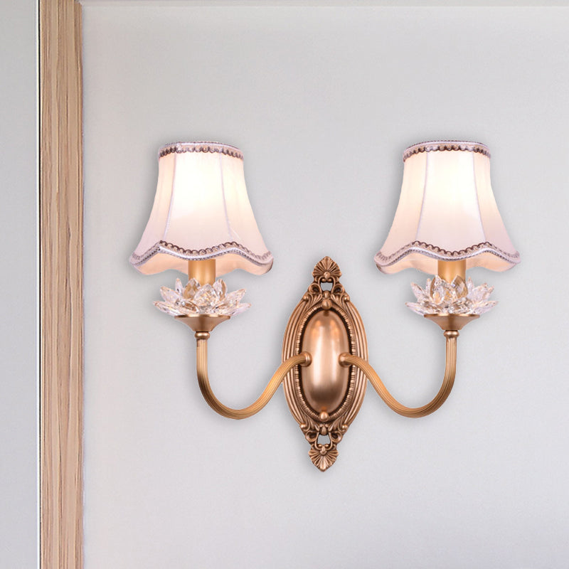 2 Heads Crystal Wall Lamp Traditional Brass Scalloped Living Room LED Wall Sconce Light Brass Clearhalo 'Wall Lamps & Sconces' 'Wall Lights' Lighting' 332142