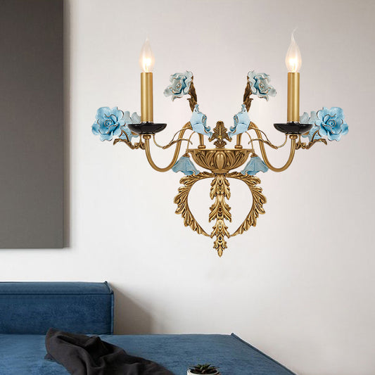 Blue Curved Arm Wall Light Fixture Countryside Metal 2 Lights Living Room Sconce with/without Shade Clearhalo 'Wall Lamps & Sconces' 'Wall Lights' Lighting' 332165