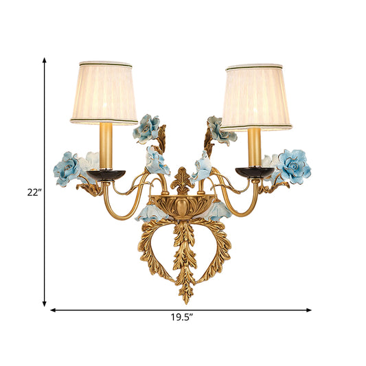 Blue Curved Arm Wall Light Fixture Countryside Metal 2 Lights Living Room Sconce with/without Shade Clearhalo 'Wall Lamps & Sconces' 'Wall Lights' Lighting' 332170