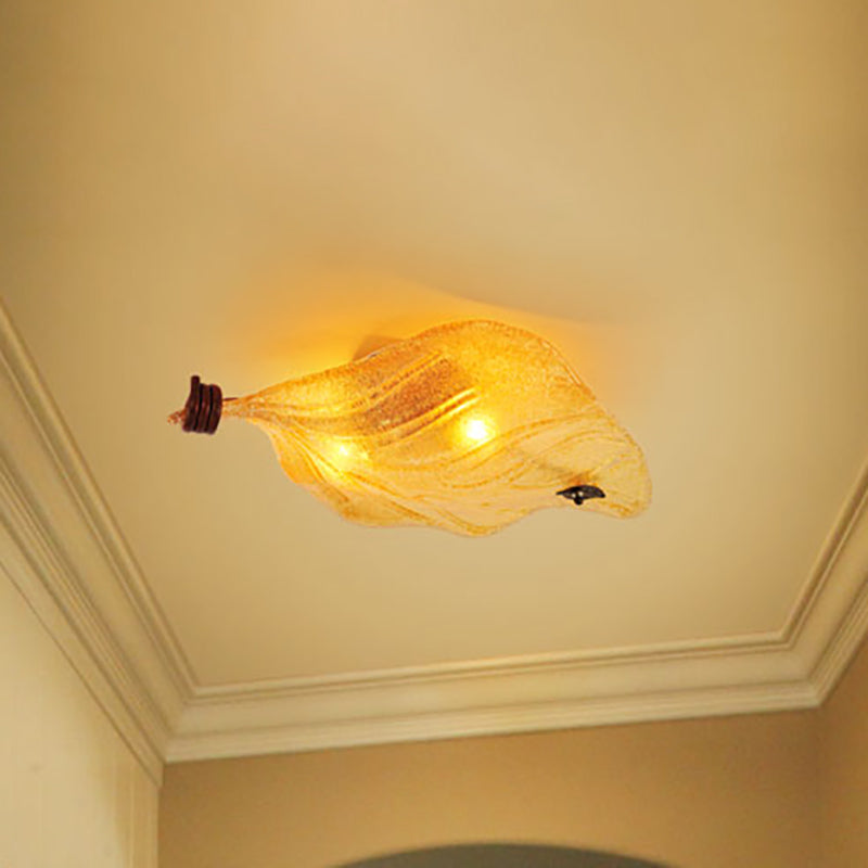 Countryside Leaf Shaped Ceiling Flush Mount Yellow Glass 2 Lights Hallway Flush-Mount Light Fixture Yellow Clearhalo 'Ceiling Lights' 'Close To Ceiling Lights' 'Close to ceiling' 'Flush mount' Lighting' 332206