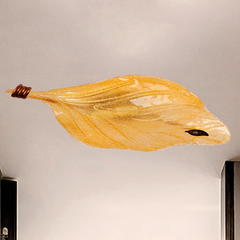 Countryside Leaf Shaped Ceiling Flush Mount Yellow Glass 2 Lights Hallway Flush-Mount Light Fixture Clearhalo 'Ceiling Lights' 'Close To Ceiling Lights' 'Close to ceiling' 'Flush mount' Lighting' 332207