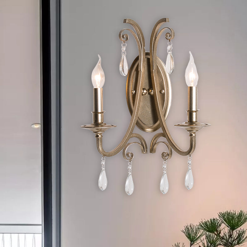 Brass Tapered/Candle Wall Lamp Rural Clear Crystal 1/2 Heads Bedroom Wall Mount Light with Shade/Shadeless Clearhalo 'Wall Lamps & Sconces' 'Wall Lights' Lighting' 332230