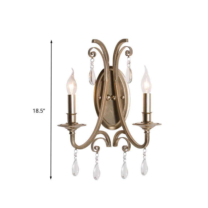 Brass Tapered/Candle Wall Lamp Rural Clear Crystal 1/2 Heads Bedroom Wall Mount Light with Shade/Shadeless Clearhalo 'Wall Lamps & Sconces' 'Wall Lights' Lighting' 332232