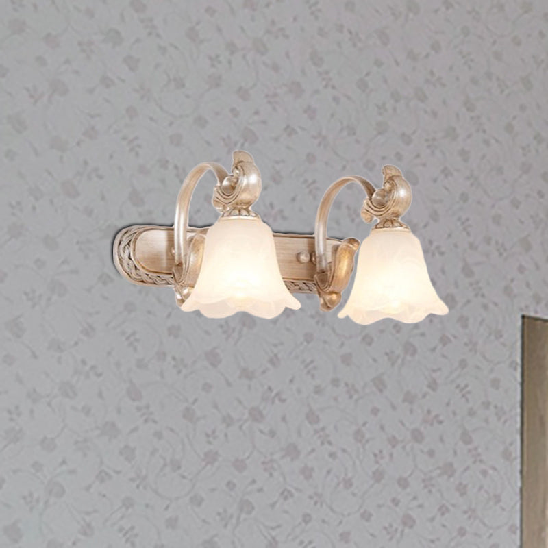 Traditional Flower Shade Vanity Wall Sconce Milk Glass 2/3 Heads Bathroom Wall Light with Curved Arm in Khaki 2.0 Khaki Clearhalo 'Vanity Lights' 'Wall Lights' Lighting' 332240