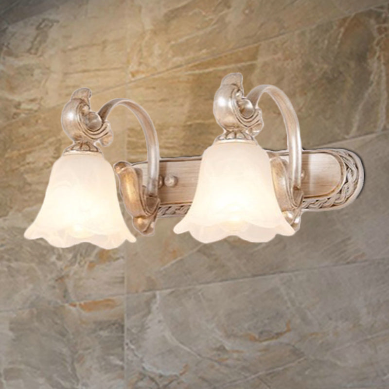 Traditional Flower Shade Vanity Wall Sconce Milk Glass 2/3 Heads Bathroom Wall Light with Curved Arm in Khaki Clearhalo 'Vanity Lights' 'Wall Lights' Lighting' 332241