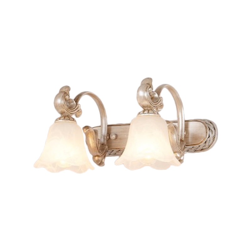 Traditional Flower Shade Vanity Wall Sconce Milk Glass 2/3 Heads Bathroom Wall Light with Curved Arm in Khaki Clearhalo 'Vanity Lights' 'Wall Lights' Lighting' 332243