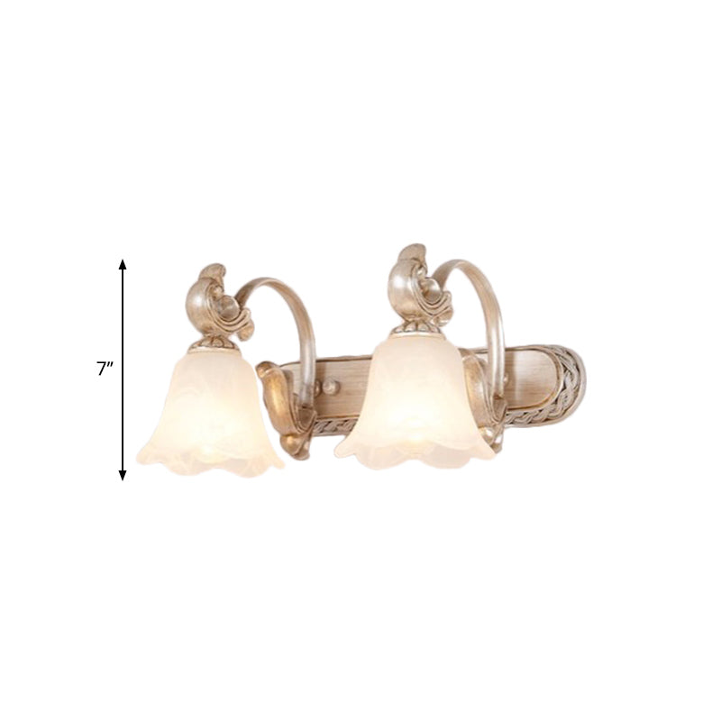 Traditional Flower Shade Vanity Wall Sconce Milk Glass 2/3 Heads Bathroom Wall Light with Curved Arm in Khaki Clearhalo 'Vanity Lights' 'Wall Lights' Lighting' 332244