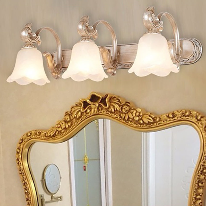 Traditional Flower Shade Vanity Wall Sconce Milk Glass 2/3 Heads Bathroom Wall Light with Curved Arm in Khaki 3.0 Khaki Clearhalo 'Vanity Lights' 'Wall Lights' Lighting' 332245