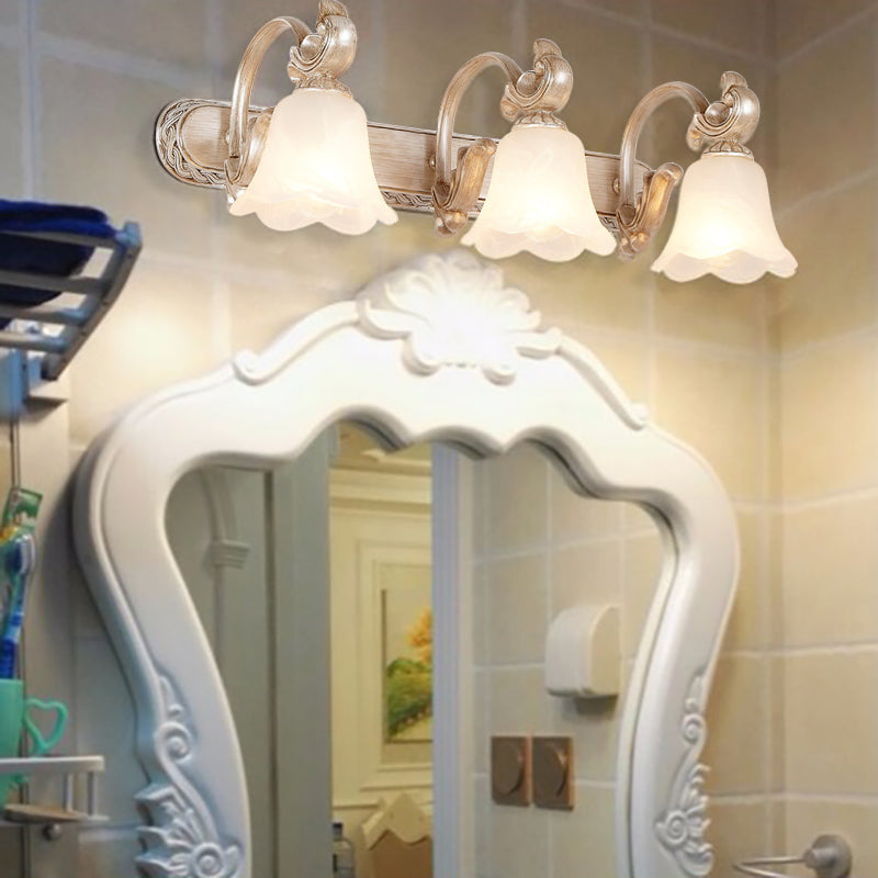 Traditional Flower Shade Vanity Wall Sconce Milk Glass 2/3 Heads Bathroom Wall Light with Curved Arm in Khaki Clearhalo 'Vanity Lights' 'Wall Lights' Lighting' 332246