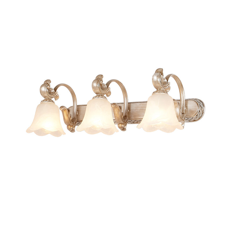 Traditional Flower Shade Vanity Wall Sconce Milk Glass 2/3 Heads Bathroom Wall Light with Curved Arm in Khaki Clearhalo 'Vanity Lights' 'Wall Lights' Lighting' 332247