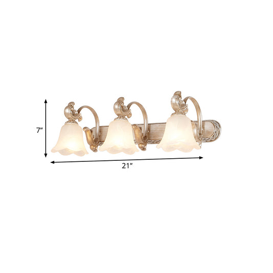 Traditional Flower Shade Vanity Wall Sconce Milk Glass 2/3 Heads Bathroom Wall Light with Curved Arm in Khaki Clearhalo 'Vanity Lights' 'Wall Lights' Lighting' 332248