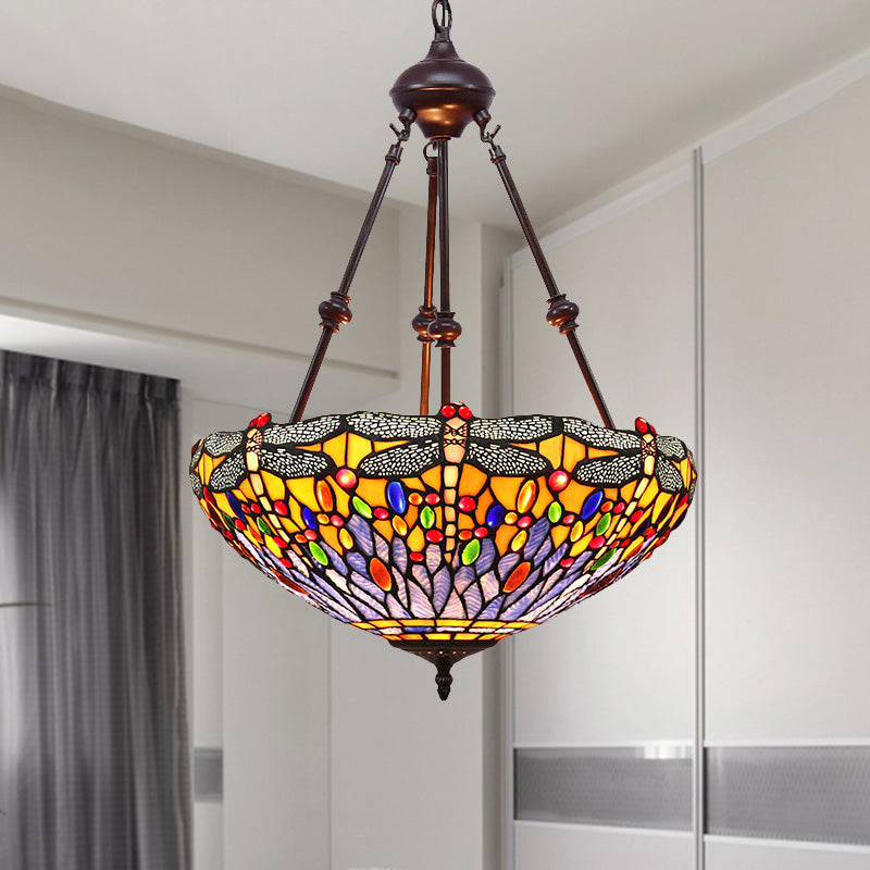 Stained Glass Red/Green/Purple Pendant Chandelier Dragonfly 2 Lights Mediterranean Suspension Lamp Clearhalo 'Ceiling Lights' 'Chandeliers' Lighting' options 332250