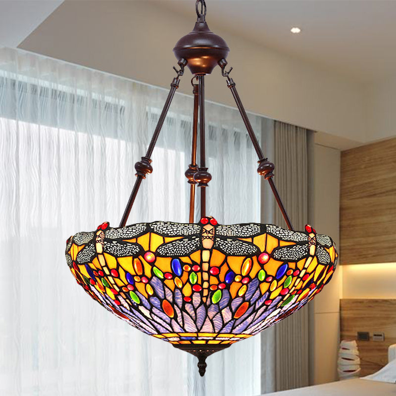 Stained Glass Red/Green/Purple Pendant Chandelier Dragonfly 2 Lights Mediterranean Suspension Lamp Clearhalo 'Ceiling Lights' 'Chandeliers' Lighting' options 332251