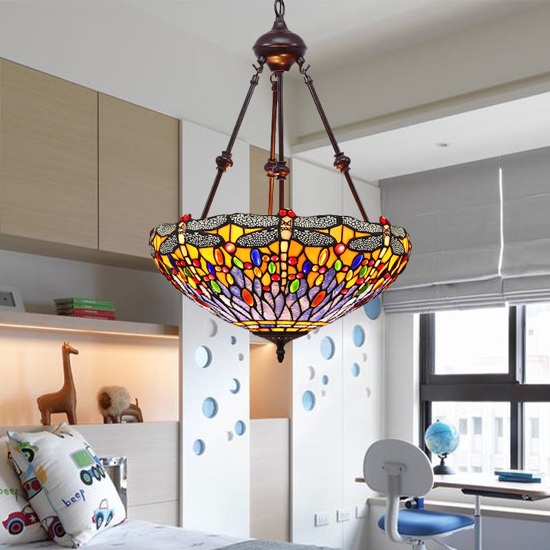 Stained Glass Red/Green/Purple Pendant Chandelier Dragonfly 2 Lights Mediterranean Suspension Lamp Clearhalo 'Ceiling Lights' 'Chandeliers' Lighting' options 332252